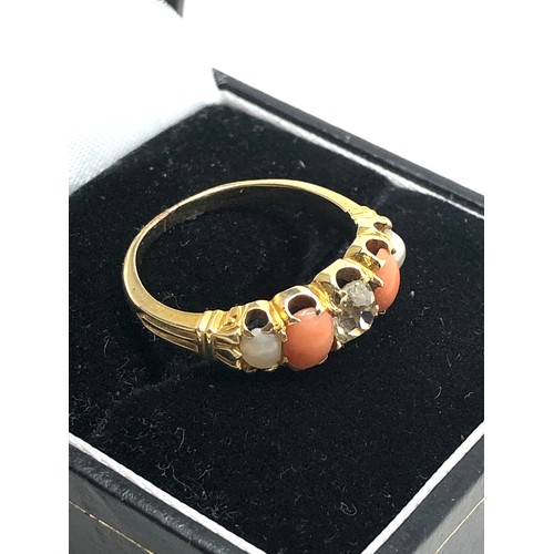 151 - An 18 carat gold opal coral & old cut diamond ring  with pearls coral with central old cut diamond d... 