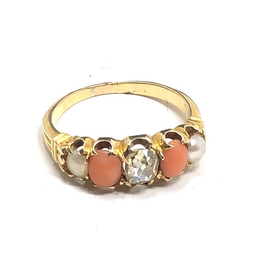 151 - An 18 carat gold opal coral & old cut diamond ring  with pearls coral with central old cut diamond d... 