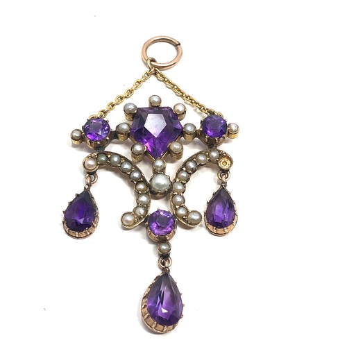 117 - An antique 9ct gold amethyst & pearl pendant measures approx : 43 x 30 mm Approx. 6.0 grams.  missin... 