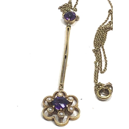 180 - An antique  15 carat gold amethyst & pearl pendant necklace chain 16 inches long, pendant  54 x 13 m... 