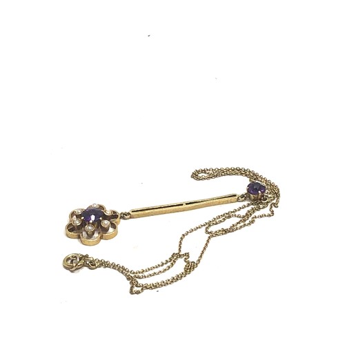 180 - An antique  15 carat gold amethyst & pearl pendant necklace chain 16 inches long, pendant  54 x 13 m... 