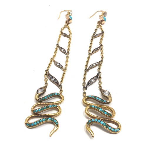 95 - A Fine pair of antique 18 ct gold turquoise and rose diamond long drop snake earrings modelled as sn... 