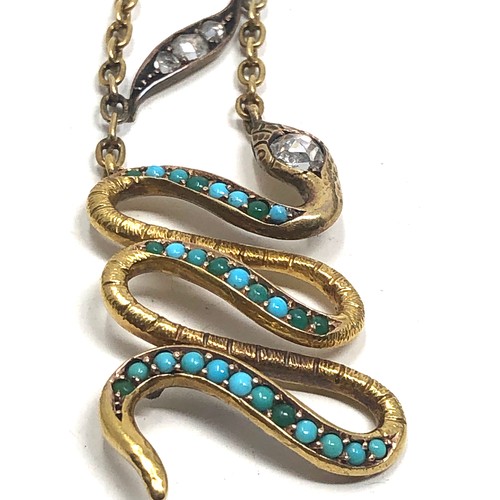 95 - A Fine pair of antique 18 ct gold turquoise and rose diamond long drop snake earrings modelled as sn... 