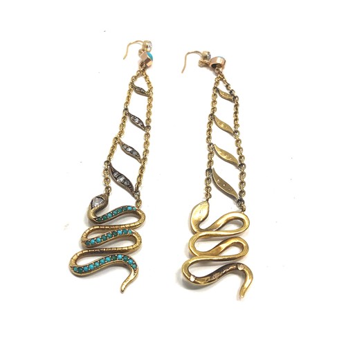 95 - A Fine pair of antique 18 ct gold turquoise and rose diamond long drop snake earrings modelled as sn... 