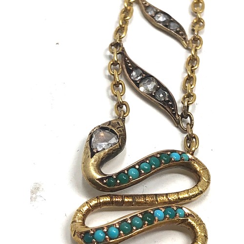 95 - A Fine pair of antique 18 ct gold turquoise and rose diamond long drop snake earrings modelled as sn... 