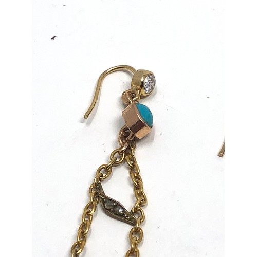 95 - A Fine pair of antique 18 ct gold turquoise and rose diamond long drop snake earrings modelled as sn... 