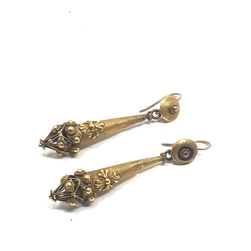 162 - A pair of antique  15 carat gold  long drop earrings; with later wires, wonderful textured details a... 