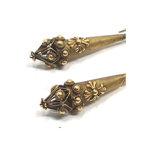 162 - A pair of antique  15 carat gold  long drop earrings; with later wires, wonderful textured details a... 