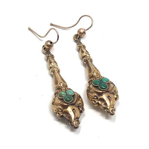 170 - Pair of victorian gold & turquoise long drop earrings measure approx 4.8cm drop weight 4.3g