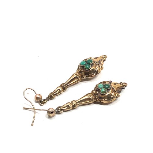 170 - Pair of victorian gold & turquoise long drop earrings measure approx 4.8cm drop weight 4.3g