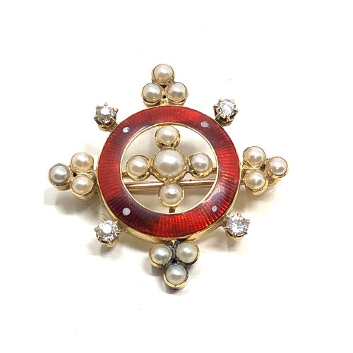 167 - Antique 15ct gold red enamel diamond & pearl pendant / brooch measures approx 3.2cm dia weight 5.9g