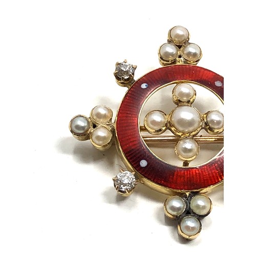 167 - Antique 15ct gold red enamel diamond & pearl pendant / brooch measures approx 3.2cm dia weight 5.9g