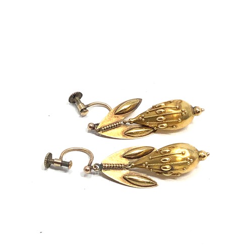 169 - Victorian 15ct gold long drop earrings measure approx 3.6cm drop age related dents as shown weight 3... 