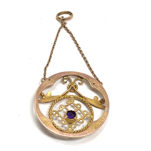 190 - Antique art nouveau gold & amethyst pendant measures approx 2.5cm dia 5.5cm drop