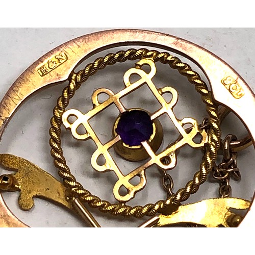 190 - Antique art nouveau gold & amethyst pendant measures approx 2.5cm dia 5.5cm drop