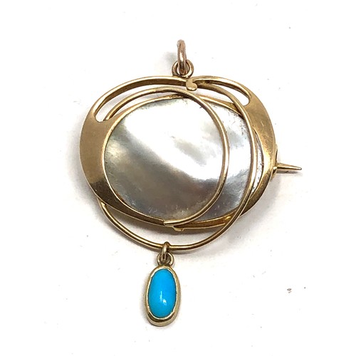 119 - Antique art nouveau 15ct gold murrle Bennett pearl & turquoise pendant measures approx 3.4cm drop 2.... 