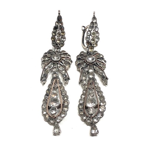 104 - Fine c1780 Antique Iberian Chandelier long drop earrings measure approx 8.6cm drop missing stone