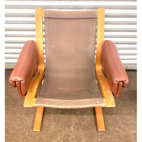 521 - Rybo Rykken mid-century modern teak and rosewood leather Kengu lounge chair , leather is faded