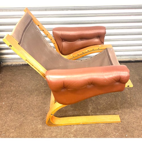 521 - Rybo Rykken mid-century modern teak and rosewood leather Kengu lounge chair , leather is faded