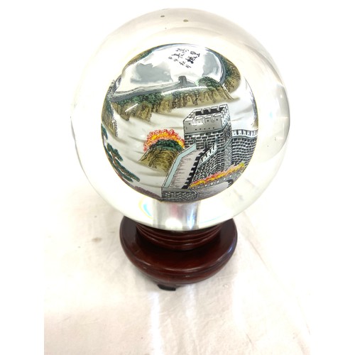 31 - Hand painted Beijing glass globe on a rotating wooden base height