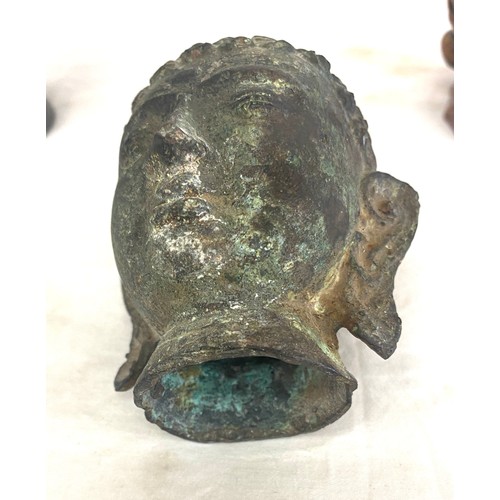 84 - Bronze metal buddha head hollow, resin buddha figure and a metal dragon water jug