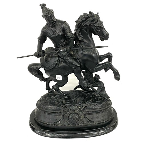 99 - Large Spelter figure of a warrior on horse on a wooden base measures approx 19