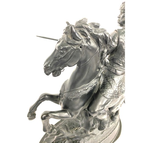 99 - Large Spelter figure of a warrior on horse on a wooden base measures approx 19