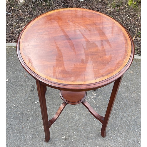 569 - Mahogany inlaid occasional table, approximate measurements: Height 29 inches, Diameter 24 inches