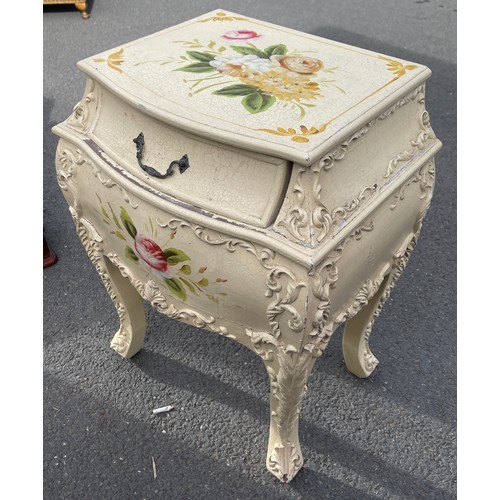 555 - Painted 1 draw, bombe front side table, approximate measurements Height 25.5 inches, Width 20 inches... 