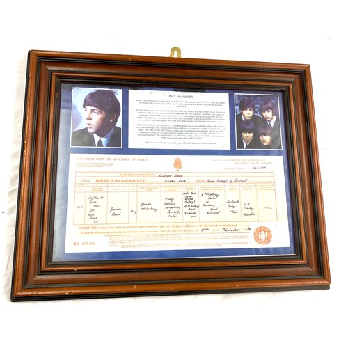 84 - Framed photo copy of  Paul Mccarthy birth certificate measures approx 20