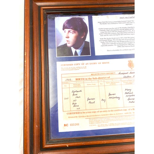 84 - Framed photo copy of  Paul Mccarthy birth certificate measures approx 20