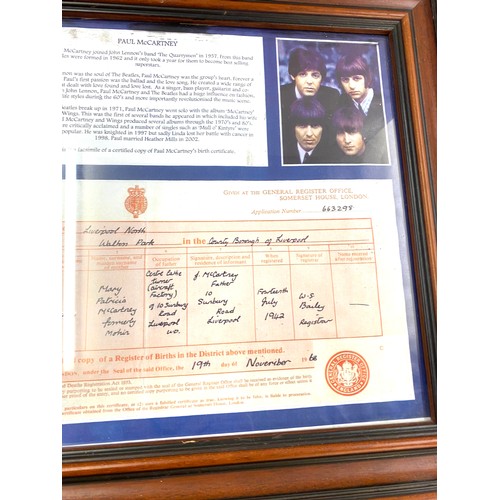 84 - Framed photo copy of  Paul Mccarthy birth certificate measures approx 20