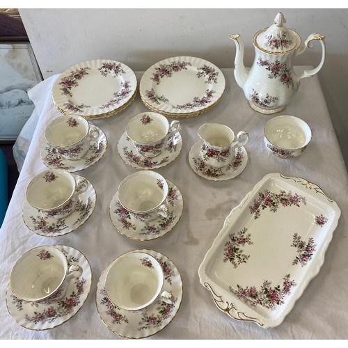 87 - Royal Albert Lavender Rose, 6 piece tea set, to include teapot, sugar bowl, milk jug, 6 cups and sau... 