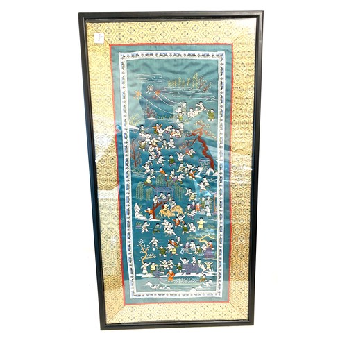 68 - Vintage oriental framed silk, approximate frame measurement: Height 26.5 inches, Width 14 inches