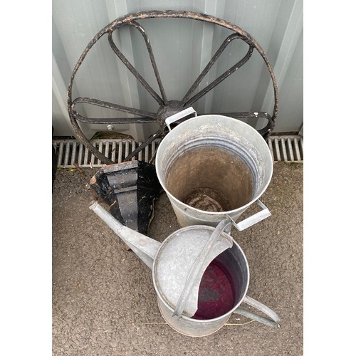 100F - Galvanished watering can, bucket, hopper and wheel