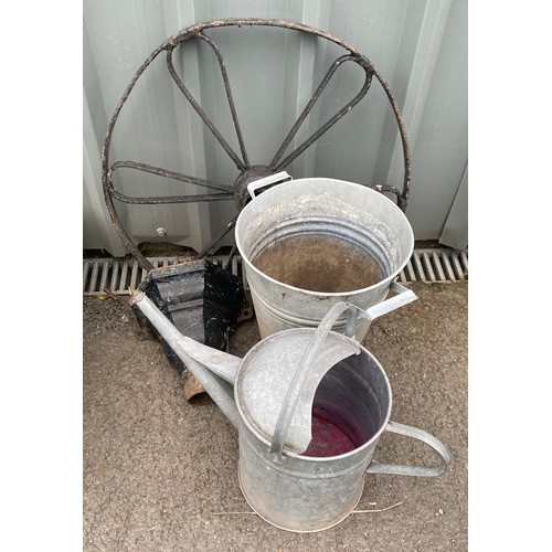 100F - Galvanished watering can, bucket, hopper and wheel