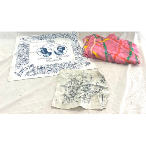102 - 2 Commemorative hankies, together with a silk scarf