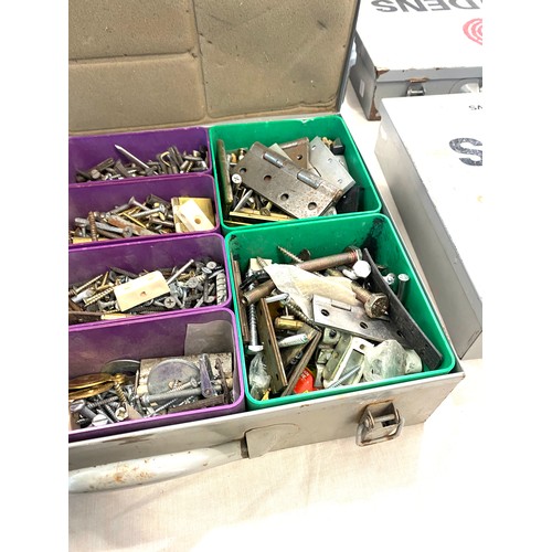 195 - Selection of  metal tool accessory boxes with contents includes a Bosch 110v drill etc