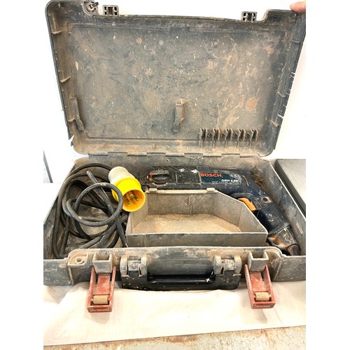 195 - Selection of  metal tool accessory boxes with contents includes a Bosch 110v drill etc