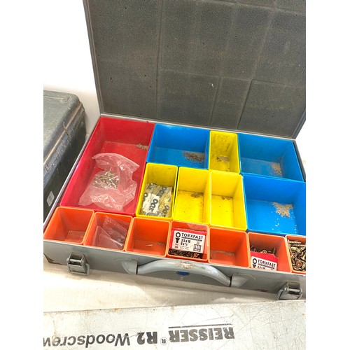 195 - Selection of  metal tool accessory boxes with contents includes a Bosch 110v drill etc