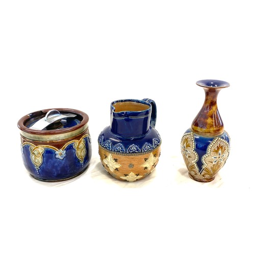 142 - Antique Royal Doulton Lamberth tobacco jar, poise vase, jug, makers markings to base, good overall c... 