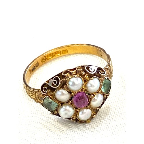 548 - Antique 18ct Ruby, pearl and stone set ladies dress ring, approximate ring size K/L, approximate wei... 