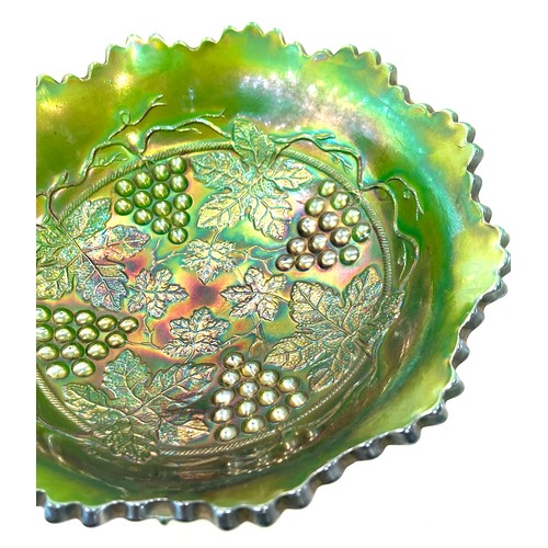 159 - Green carnival glass bowl, grape design approximate diameter 19cm