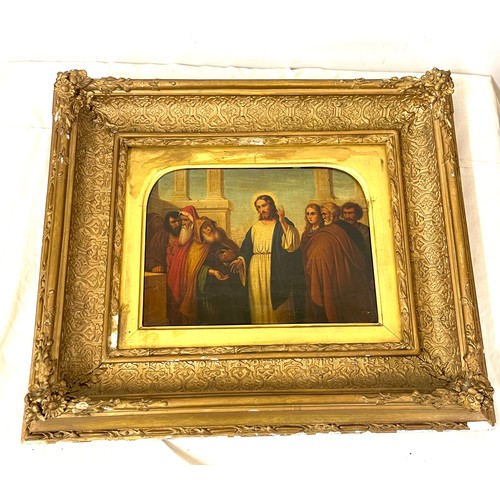 62 - Antique Gilt framed Christ Blessing The Beggar painting of board 19th Century, frame measures approx... 