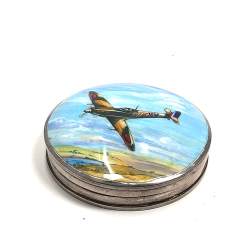 94 - Modern sterling silver pill box with enamel painted spitfire lid measures approx 6.3cm dia