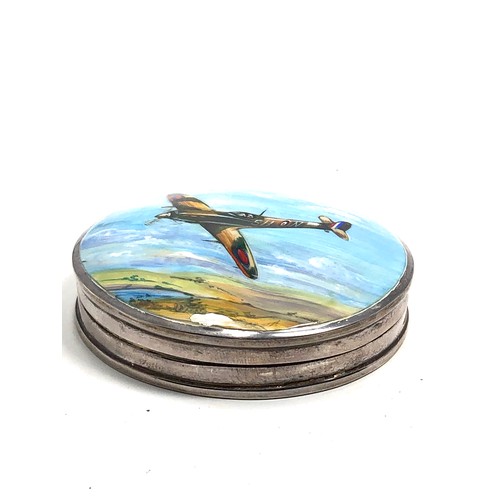 94 - Modern sterling silver pill box with enamel painted spitfire lid measures approx 6.3cm dia