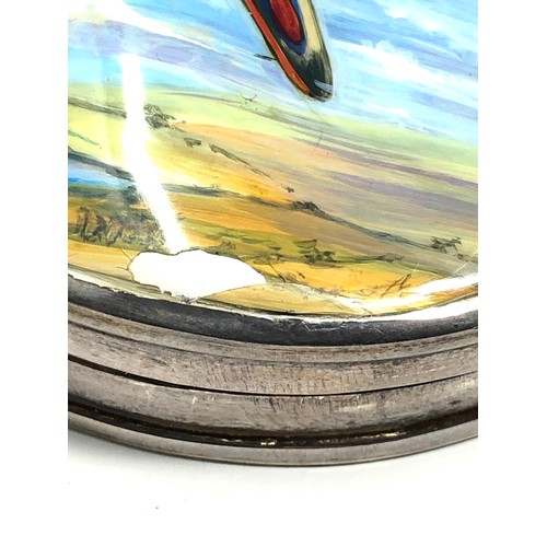 94 - Modern sterling silver pill box with enamel painted spitfire lid measures approx 6.3cm dia