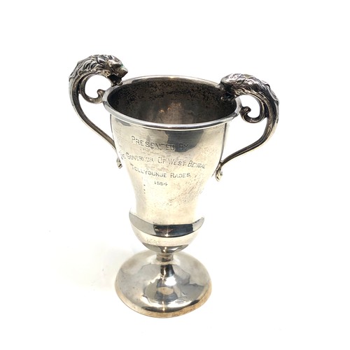 95 - Vintage silver lion handle trophy measures approx 14cm tall weight 115g presentation engraved