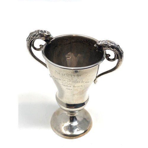 95 - Vintage silver lion handle trophy measures approx 14cm tall weight 115g presentation engraved