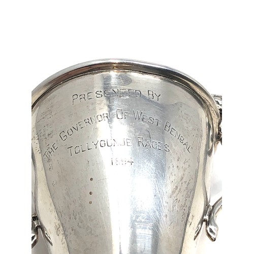 95 - Vintage silver lion handle trophy measures approx 14cm tall weight 115g presentation engraved